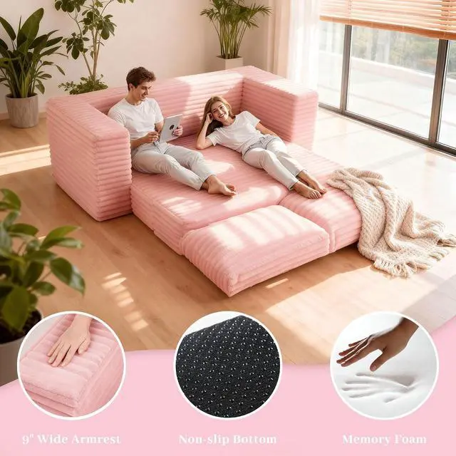 Alt view image 3 of 7 - 62" Small Boneless Couch,3-in-1 Convertible Folding Sofa Bed, Corduroy Loveseat Sofa Bed w/2 Pillows for Living Room/Guest Room No Assembly Required, Light Pink