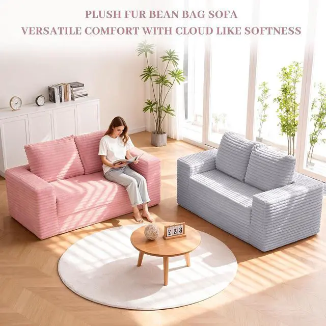 Alt view image 5 of 7 - 62" Small Boneless Couch,3-in-1 Convertible Folding Sofa Bed, Corduroy Loveseat Sofa Bed w/2 Pillows for Living Room/Guest Room No Assembly Required, Light Pink