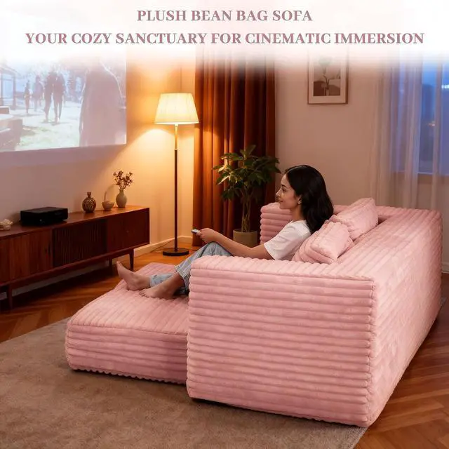 Alt view image 7 of 7 - 62" Small Boneless Couch,3-in-1 Convertible Folding Sofa Bed, Corduroy Loveseat Sofa Bed w/2 Pillows for Living Room/Guest Room No Assembly Required, Light Pink