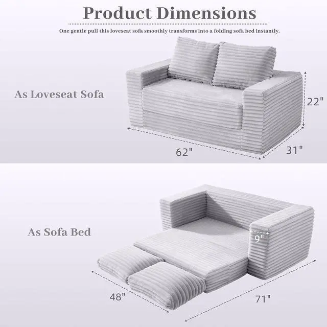 Alt view image 2 of 7 - 62" Small Boneless Couch,3-in-1 Convertible Folding Sofa Bed, Corduroy Loveseat Sofa Bed w/2 Pillows for Living Room/Guest Room No Assembly Required, Light Grey