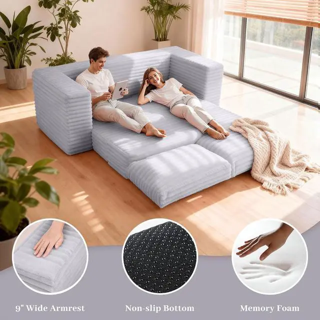 Alt view image 3 of 7 - 62" Small Boneless Couch,3-in-1 Convertible Folding Sofa Bed, Corduroy Loveseat Sofa Bed w/2 Pillows for Living Room/Guest Room No Assembly Required, Light Grey