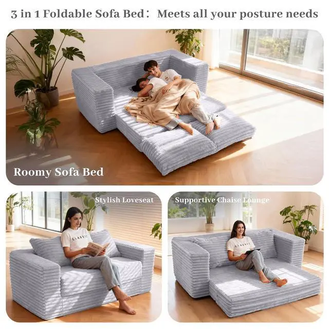Alt view image 4 of 7 - 62" Small Boneless Couch,3-in-1 Convertible Folding Sofa Bed, Corduroy Loveseat Sofa Bed w/2 Pillows for Living Room/Guest Room No Assembly Required, Light Grey