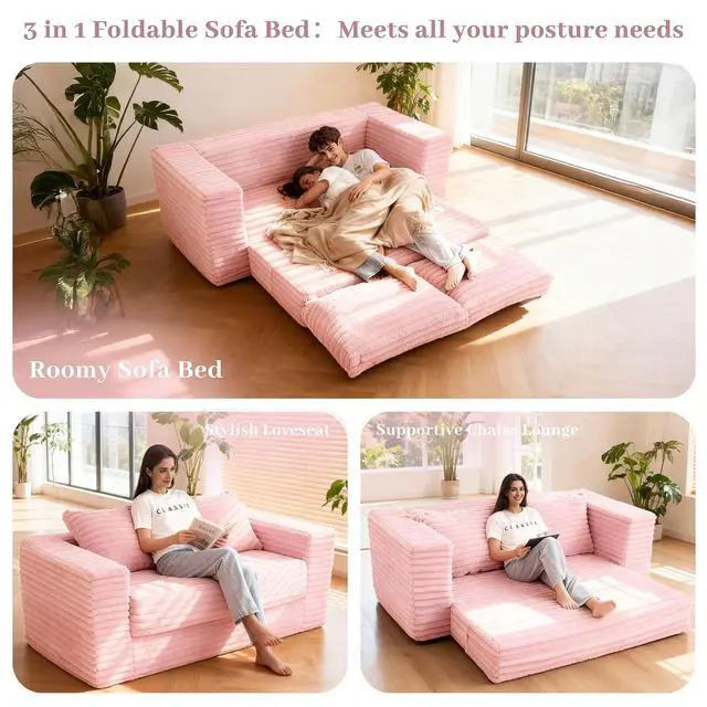 Alt view image 4 of 7 - 62" Small Boneless Couch,3-in-1 Convertible Folding Sofa Bed, Corduroy Loveseat Sofa Bed w/2 Pillows for Living Room/Guest Room No Assembly Required, Light Pink
