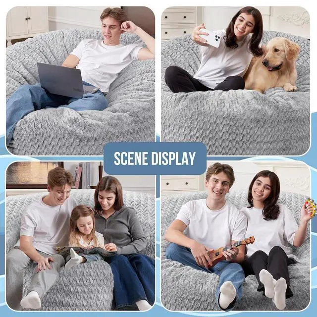 Alt view image 3 of 7 - 4FT Bean Bag Chair,Giant Bean Bag Chairs for Adults,Big Bean Bags with Memory Foam Filled, Large Beanbag Chairs with Chevron Plush Cover-Light Grey