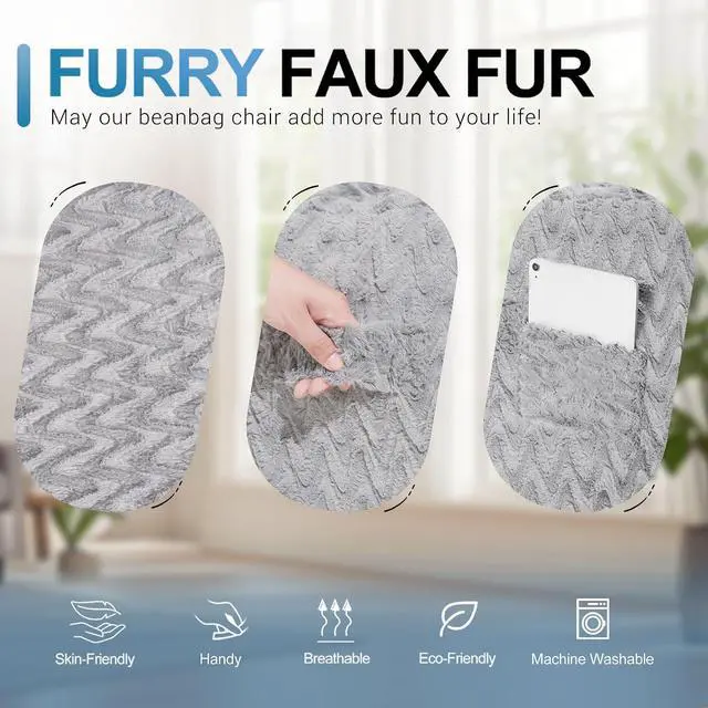 Alt view image 6 of 7 - 4FT Bean Bag Chair,Giant Bean Bag Chairs for Adults,Big Bean Bags with Memory Foam Filled, Large Beanbag Chairs with Chevron Plush Cover-Light Grey