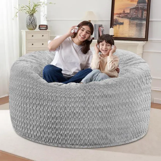 Alt view image 7 of 7 - 4FT Bean Bag Chair,Giant Bean Bag Chairs for Adults,Big Bean Bags with Memory Foam Filled, Large Beanbag Chairs with Chevron Plush Cover-Light Grey