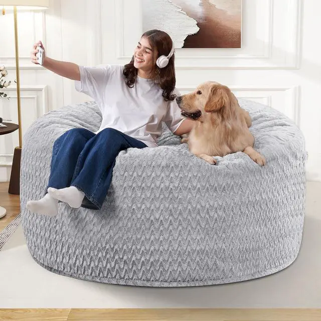 Alt view image 4 of 6 - 3FT Bean Bag Chair,Giant Bean Bag Chairs for Adults,Big Bean Bags with Memory Foam Filled, Large Beanbag Chairs with Chevron Plush Cover-Light Grey