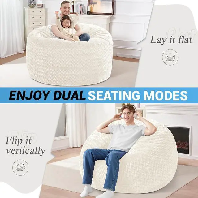 Alt view image 3 of 7 - 4FT Bean Bag Chair,Giant Bean Bag Chairs for Adults,Big Bean Bags with Memory Foam Filled, Large Beanbag Chairs with Chevron Plush Cover-White