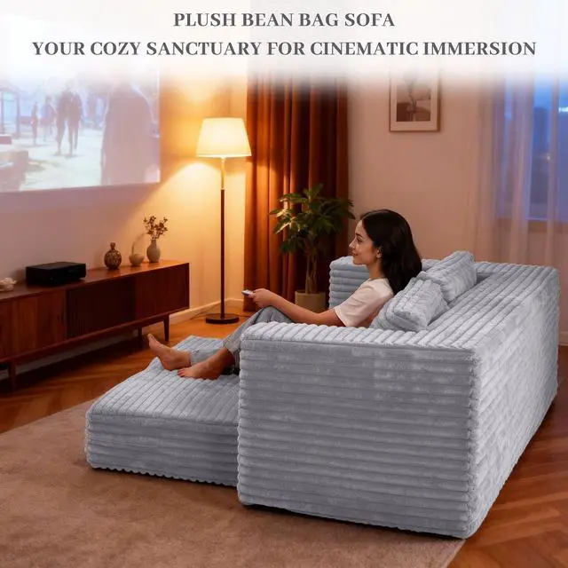 Alt view image 7 of 7 - 62" Small Boneless Couch,3-in-1 Convertible Folding Sofa Bed, Corduroy Loveseat Sofa Bed w/2 Pillows for Living Room/Guest Room No Assembly Required, Light Grey