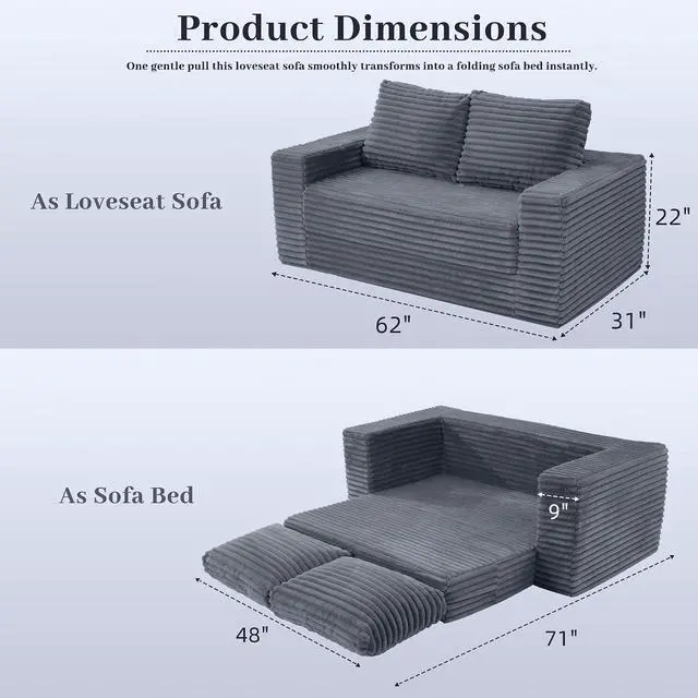 Alt view image 2 of 7 - 62" Small Boneless Couch,3-in-1 Convertible Folding Sofa Bed, Corduroy Loveseat Sofa Bed w/2 Pillows for Living Room/Guest Room No Assembly Required, Dark Grey