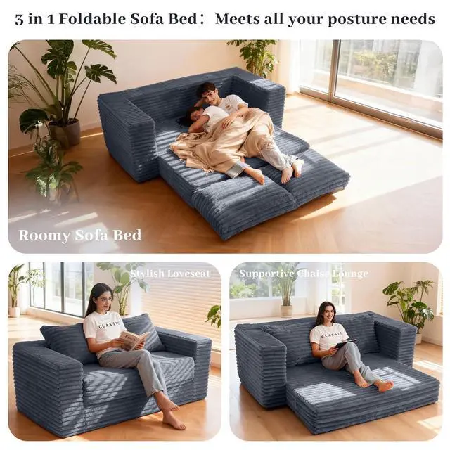 Alt view image 4 of 7 - 62" Small Boneless Couch,3-in-1 Convertible Folding Sofa Bed, Corduroy Loveseat Sofa Bed w/2 Pillows for Living Room/Guest Room No Assembly Required, Dark Grey