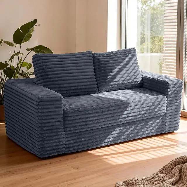 Main image of 62" Small Boneless Couch,3-in-1 Convertible Folding Sofa Bed, Corduroy Loveseat Sofa Bed w/2 Pillows for Living Room/Guest Room No Assembly Required, Dark Grey