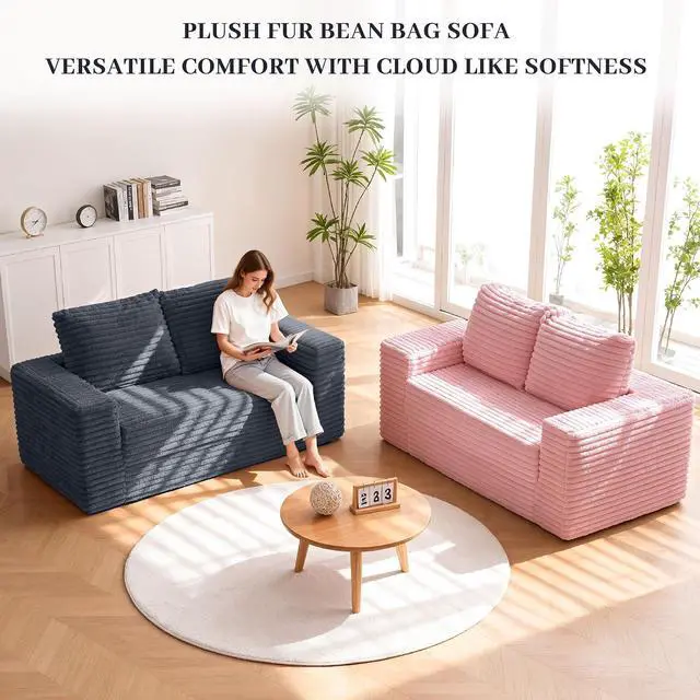 Alt view image 5 of 7 - 62" Small Boneless Couch,3-in-1 Convertible Folding Sofa Bed, Corduroy Loveseat Sofa Bed w/2 Pillows for Living Room/Guest Room No Assembly Required, Dark Grey