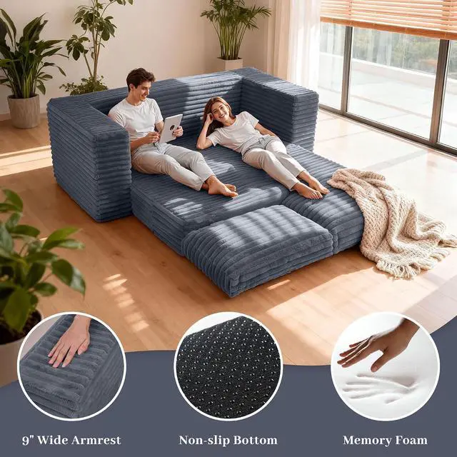 Alt view image 3 of 7 - 62" Small Boneless Couch,3-in-1 Convertible Folding Sofa Bed, Corduroy Loveseat Sofa Bed w/2 Pillows for Living Room/Guest Room No Assembly Required, Dark Grey
