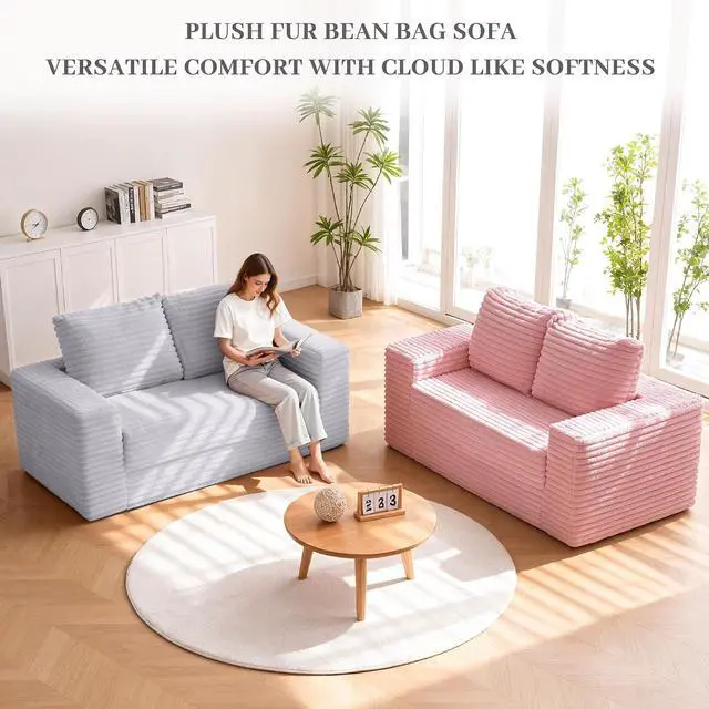 Alt view image 5 of 7 - 62" Small Boneless Couch,3-in-1 Convertible Folding Sofa Bed, Corduroy Loveseat Sofa Bed w/2 Pillows for Living Room/Guest Room No Assembly Required, Light Grey