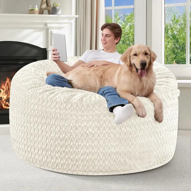 Alt view image 4 of 7 - 4FT Bean Bag Chair,Giant Bean Bag Chairs for Adults,Big Bean Bags with Memory Foam Filled, Large Beanbag Chairs with Chevron Plush Cover-White