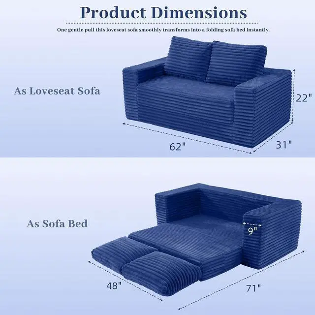 Alt view image 2 of 7 - 62" Small Boneless Couch,3-in-1 Convertible Folding Sofa Bed, Corduroy Loveseat Sofa Bed w/2 Pillows for Living Room/Guest Room No Assembly Required, Blue