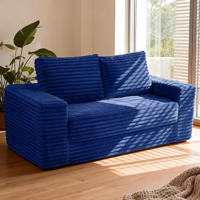 Main image of 62" Small Boneless Couch,3-in-1 Convertible Folding Sofa Bed, Corduroy Loveseat Sofa Bed w/2 Pillows for Living Room/Guest Room No Assembly Required, Blue