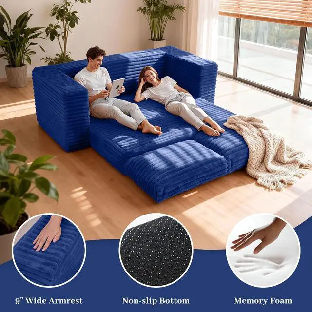 Alt view image 3 of 7 - 62" Small Boneless Couch,3-in-1 Convertible Folding Sofa Bed, Corduroy Loveseat Sofa Bed w/2 Pillows for Living Room/Guest Room No Assembly Required, Blue