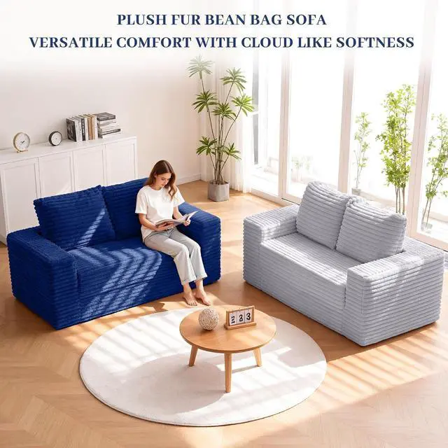Alt view image 5 of 7 - 62" Small Boneless Couch,3-in-1 Convertible Folding Sofa Bed, Corduroy Loveseat Sofa Bed w/2 Pillows for Living Room/Guest Room No Assembly Required, Blue