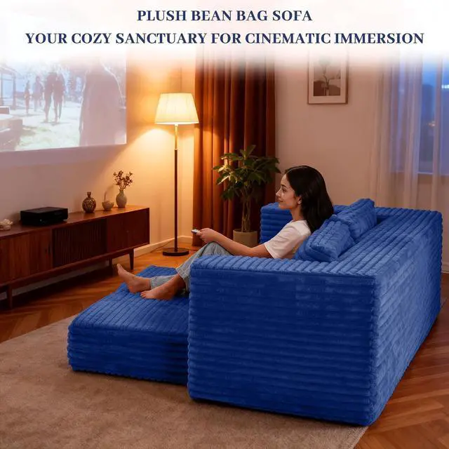 Alt view image 7 of 7 - 62" Small Boneless Couch,3-in-1 Convertible Folding Sofa Bed, Corduroy Loveseat Sofa Bed w/2 Pillows for Living Room/Guest Room No Assembly Required, Blue