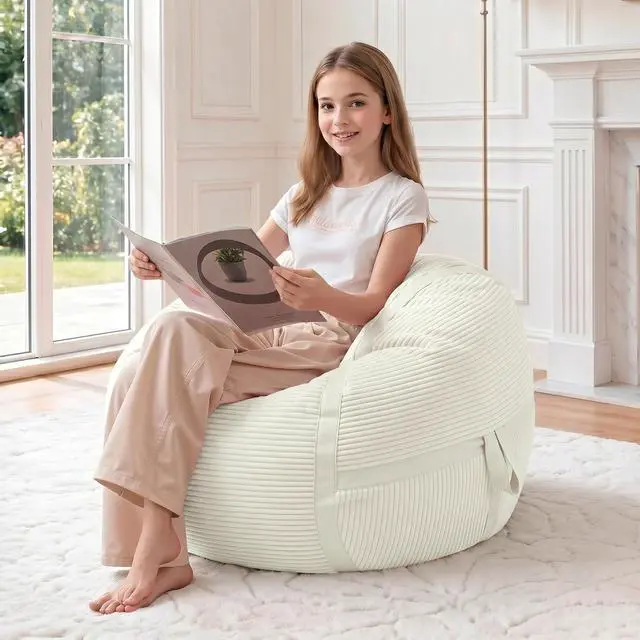 Main image of Bean Bag Chair, 2FT Bean Bag Chairs with Memory Foam Filled, Comfy Bean Bag Sofa with Portable Handle, Ultra-Soft Corduroy BeanBag for Living Room, Bedroom, No Assembly - Whtie