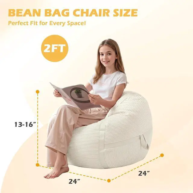 Alt view image 2 of 7 - Bean Bag Chair, 2FT Bean Bag Chairs with Memory Foam Filled, Comfy Bean Bag Sofa with Portable Handle, Ultra-Soft Corduroy BeanBag for Living Room, Bedroom, No Assembly - Whtie