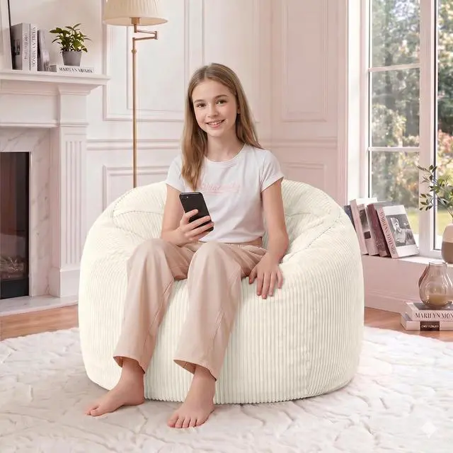Alt view image 4 of 7 - Bean Bag Chair, 2FT Bean Bag Chairs with Memory Foam Filled, Comfy Bean Bag Sofa with Portable Handle, Ultra-Soft Corduroy BeanBag for Living Room, Bedroom, No Assembly - Whtie