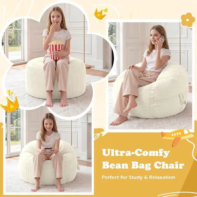 Alt view image 6 of 7 - Bean Bag Chair, 2FT Bean Bag Chairs with Memory Foam Filled, Comfy Bean Bag Sofa with Portable Handle, Ultra-Soft Corduroy BeanBag for Living Room, Bedroom, No Assembly - Whtie