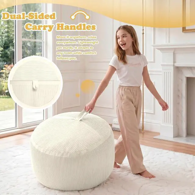 Alt view image 7 of 7 - Bean Bag Chair, 2FT Bean Bag Chairs with Memory Foam Filled, Comfy Bean Bag Sofa with Portable Handle, Ultra-Soft Corduroy BeanBag for Living Room, Bedroom, No Assembly - Whtie