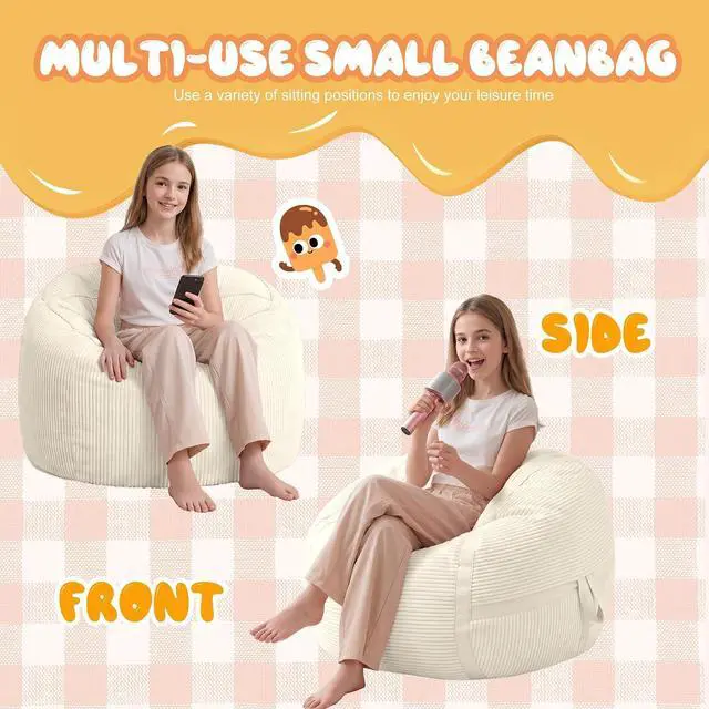 Alt view image 5 of 7 - Bean Bag Chair, 2FT Bean Bag Chairs with Memory Foam Filled, Comfy Bean Bag Sofa with Portable Handle, Ultra-Soft Corduroy BeanBag for Living Room, Bedroom, No Assembly - Whtie
