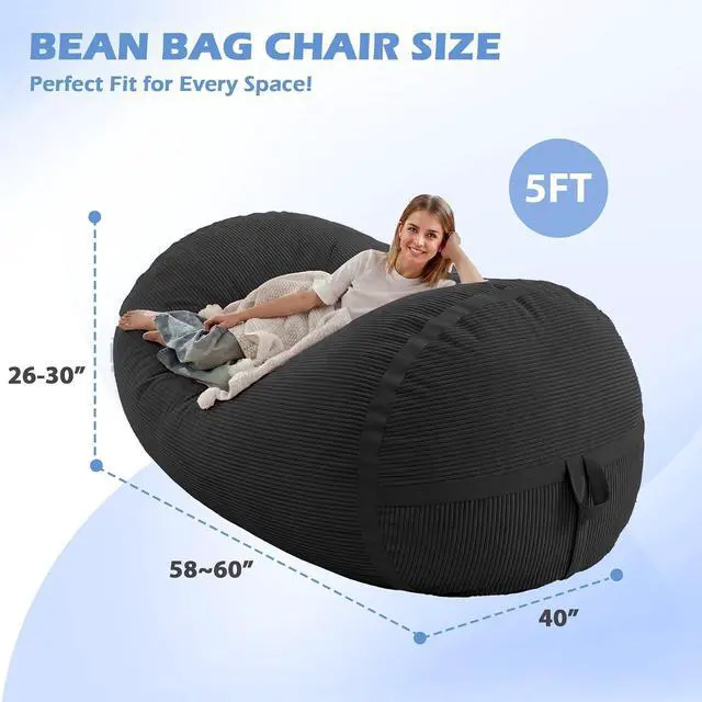 Alt view image 2 of 6 - Bean Bag Chair, 5FT Giant Bean Bag Chair with Memory Foam, Ultra-Soft Corduroy Cover & Zipper Design, Portable Handle Comfy Bean Bag Sofa for Living Room, Bedroom, No Assembly - Black