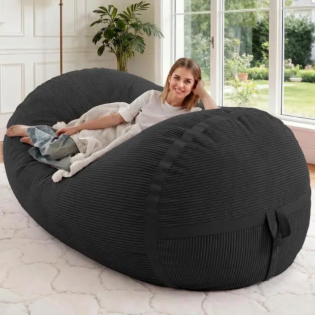 Main image of Bean Bag Chair, 5FT Giant Bean Bag Chair with Memory Foam, Ultra-Soft Corduroy Cover & Zipper Design, Portable Handle Comfy Bean Bag Sofa for Living Room, Bedroom, No Assembly - Black
