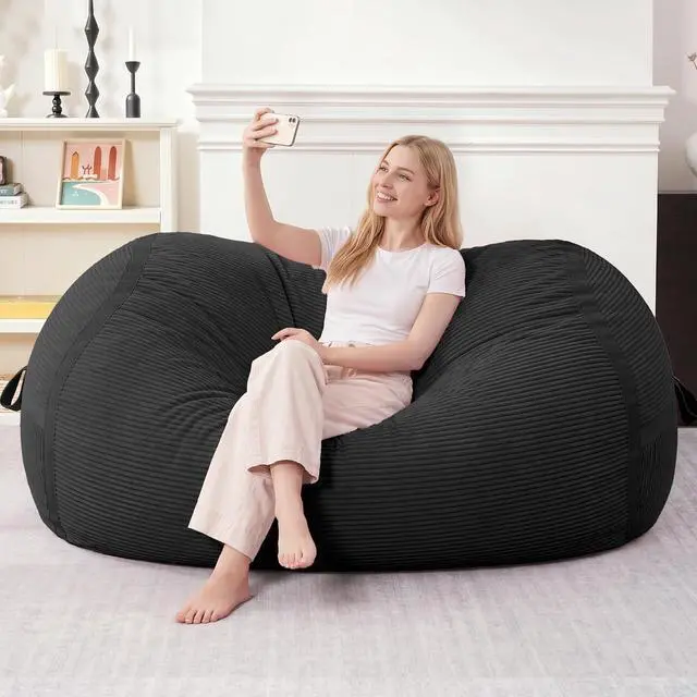Alt view image 3 of 6 - Bean Bag Chair, 5FT Giant Bean Bag Chair with Memory Foam, Ultra-Soft Corduroy Cover & Zipper Design, Portable Handle Comfy Bean Bag Sofa for Living Room, Bedroom, No Assembly - Black