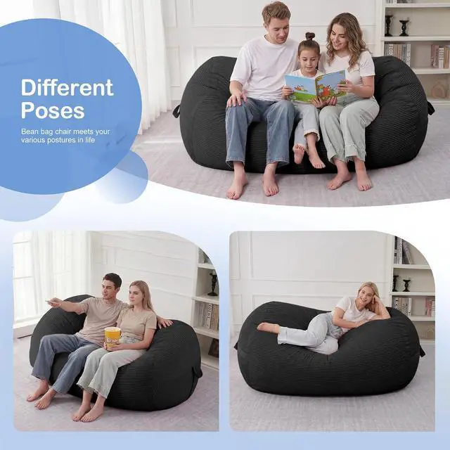Alt view image 4 of 6 - Bean Bag Chair, 5FT Giant Bean Bag Chair with Memory Foam, Ultra-Soft Corduroy Cover & Zipper Design, Portable Handle Comfy Bean Bag Sofa for Living Room, Bedroom, No Assembly - Black