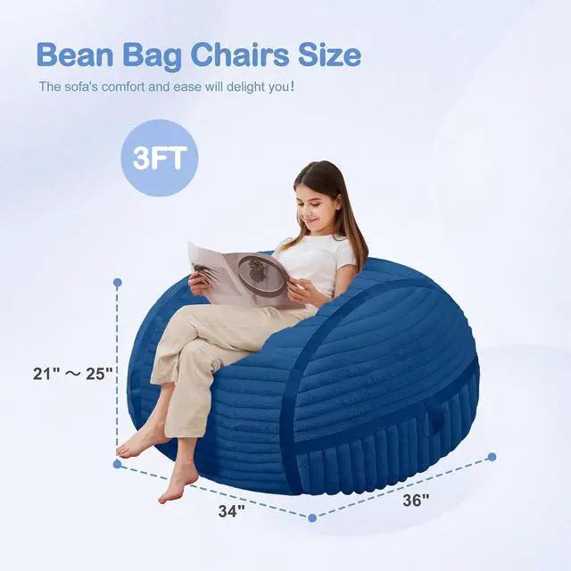 Alt view image 2 of 7 - Bean Bag Chair 3FT Bean Bag Chairs with Memory Foam Filled,3' Small Comfy Beanbag Chair with Soft Faux Fur Cover,Comfy Bean Bag Sofa for Classroom,Living Room,Game Room,Bedroom-Blue