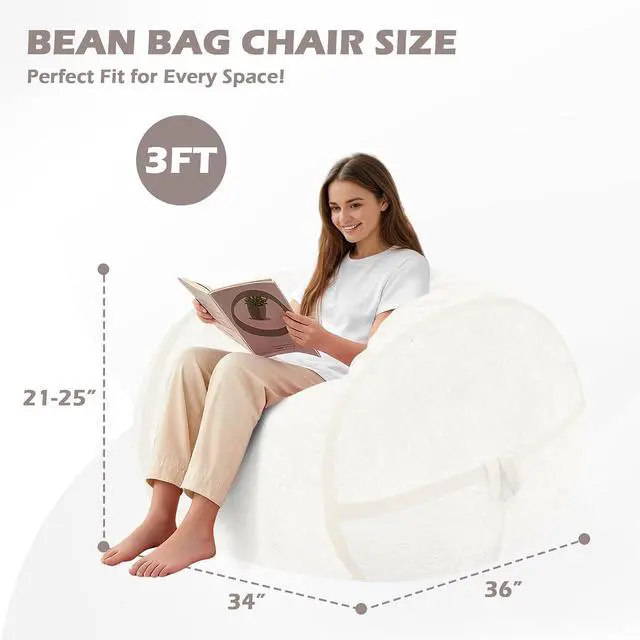 Alt view image 2 of 7 - 3FT Bean Bag Chair, Large BeanBag Chairs with Memory Foam Filled, Ultra-Soft Velvet with Portable Handle & Removable Cover, Comfy Bean Bag Sofa for Living Room, No Assembly - Whtie