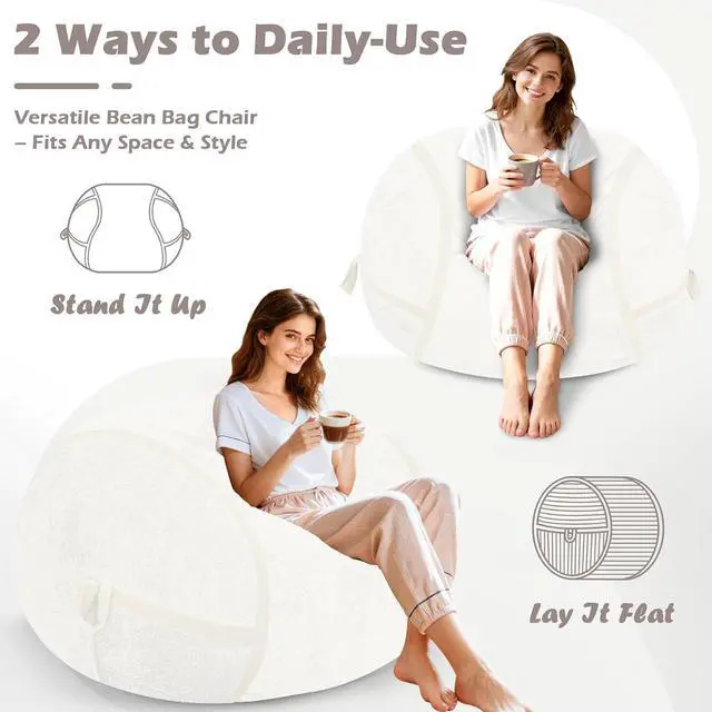 Alt view image 5 of 7 - 3FT Bean Bag Chair, Large BeanBag Chairs with Memory Foam Filled, Ultra-Soft Velvet with Portable Handle & Removable Cover, Comfy Bean Bag Sofa for Living Room, No Assembly - Whtie