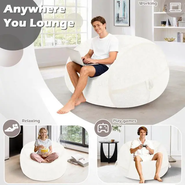 Alt view image 6 of 7 - 3FT Bean Bag Chair, Large BeanBag Chairs with Memory Foam Filled, Ultra-Soft Velvet with Portable Handle & Removable Cover, Comfy Bean Bag Sofa for Living Room, No Assembly - Whtie
