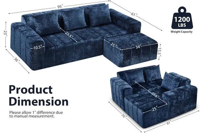 Alt view image 2 of 7 - 95" Modular Sectional Sofa with Chaise, L-Shaped Cloud Couch with Deep Seat, Convertible Upholstered Boneless Couch for Living Room Apartments Bedroom, No Assembly Required, Blue