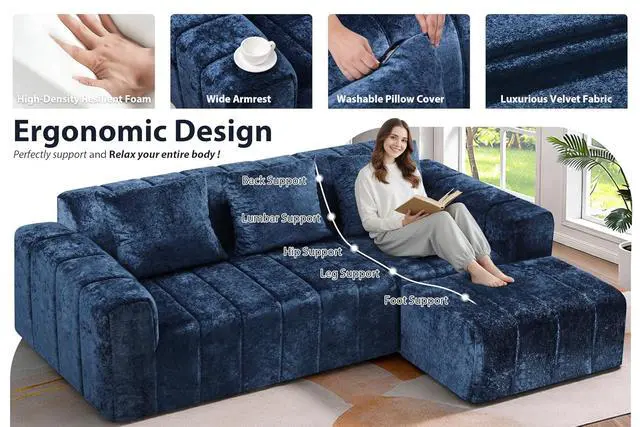 Alt view image 5 of 7 - 95" Modular Sectional Sofa with Chaise, L-Shaped Cloud Couch with Deep Seat, Convertible Upholstered Boneless Couch for Living Room Apartments Bedroom, No Assembly Required, Blue