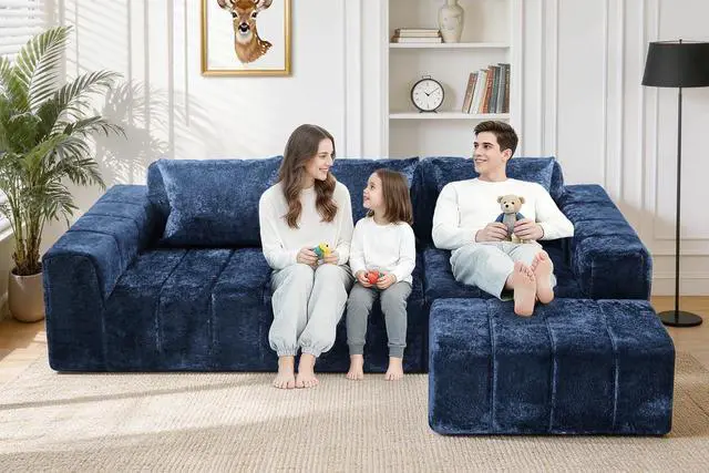 Alt view image 4 of 7 - 95" Modular Sectional Sofa with Chaise, L-Shaped Cloud Couch with Deep Seat, Convertible Upholstered Boneless Couch for Living Room Apartments Bedroom, No Assembly Required, Blue