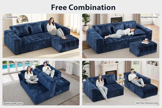 Alt view image 6 of 7 - 95" Modular Sectional Sofa with Chaise, L-Shaped Cloud Couch with Deep Seat, Convertible Upholstered Boneless Couch for Living Room Apartments Bedroom, No Assembly Required, Blue