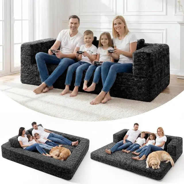 Main image of Convertible Sofa Bed, 3-in-1 Futon Sofa Bed with Pillow, Foldable Pull Out Floor Sofa Bed with Removable Cover, Plush Boneless Couch for Living Room/Bedroom/Dorm