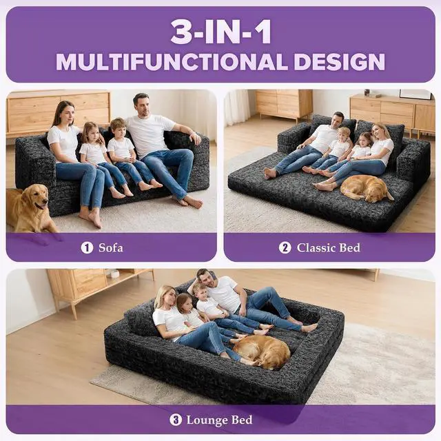 Alt view image 4 of 7 - Convertible Sofa Bed, 3-in-1 Futon Sofa Bed with Pillow, Foldable Pull Out Floor Sofa Bed with Removable Cover, Plush Boneless Couch for Living Room/Bedroom/Dorm