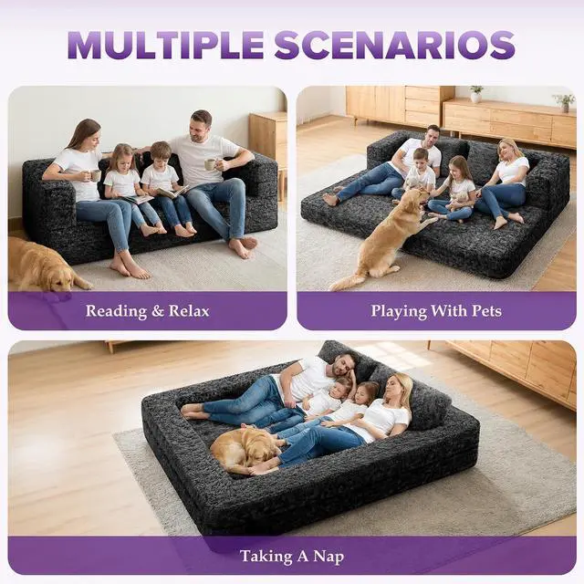 Alt view image 3 of 7 - Convertible Sofa Bed, 3-in-1 Futon Sofa Bed with Pillow, Foldable Pull Out Floor Sofa Bed with Removable Cover, Plush Boneless Couch for Living Room/Bedroom/Dorm
