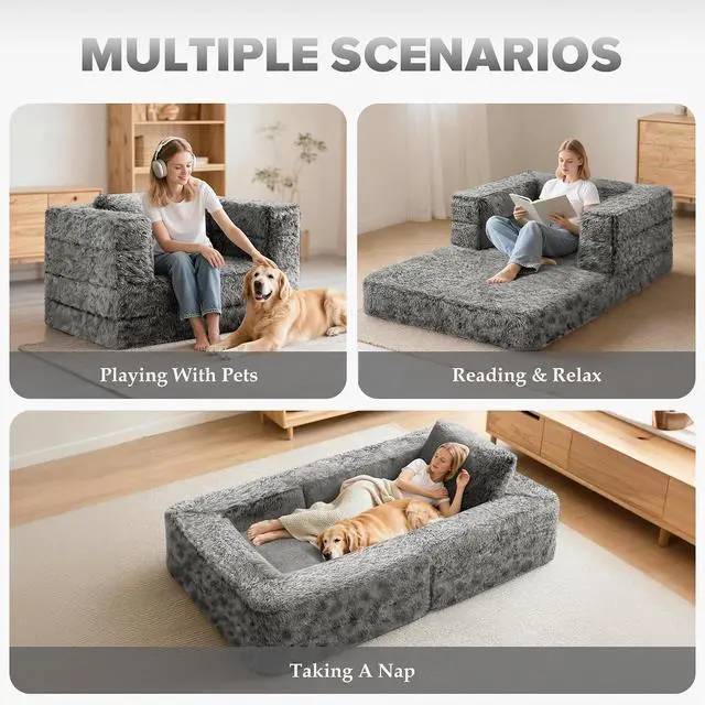 Alt view image 3 of 7 - Convertible Sofa Bed, 3-in-1 Futon Sofa Bed with Pillow, Foldable Pull Out Floor Sofa Bed with Removable Cover, Plush Boneless Couch for Living Room/Bedroom/Dorm