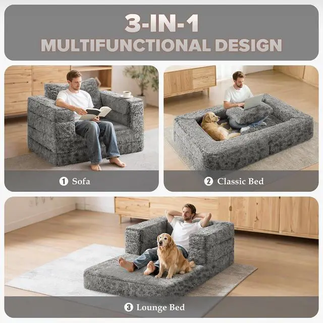 Alt view image 4 of 7 - Convertible Sofa Bed, 3-in-1 Futon Sofa Bed with Pillow, Foldable Pull Out Floor Sofa Bed with Removable Cover, Plush Boneless Couch for Living Room/Bedroom/Dorm