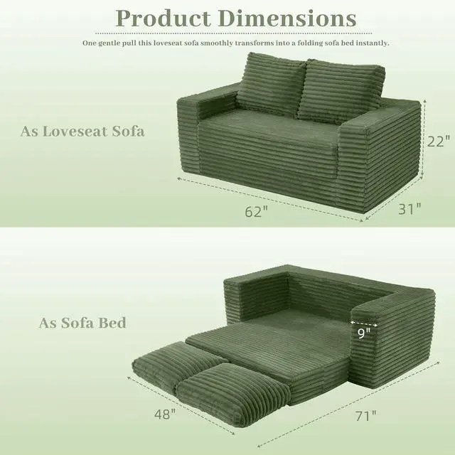 Alt view image 2 of 7 - 62" Small Boneless Couch,3-in-1 Convertible Folding Sofa Bed, Corduroy Loveseat Sofa Bed w/2 Pillows for Living Room/Guest Room No Assembly Required, Green