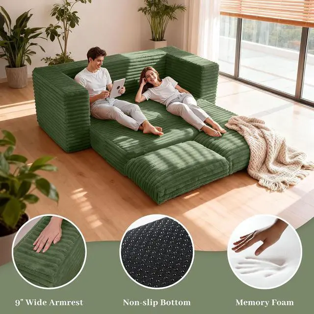 Alt view image 3 of 7 - 62" Small Boneless Couch,3-in-1 Convertible Folding Sofa Bed, Corduroy Loveseat Sofa Bed w/2 Pillows for Living Room/Guest Room No Assembly Required, Green